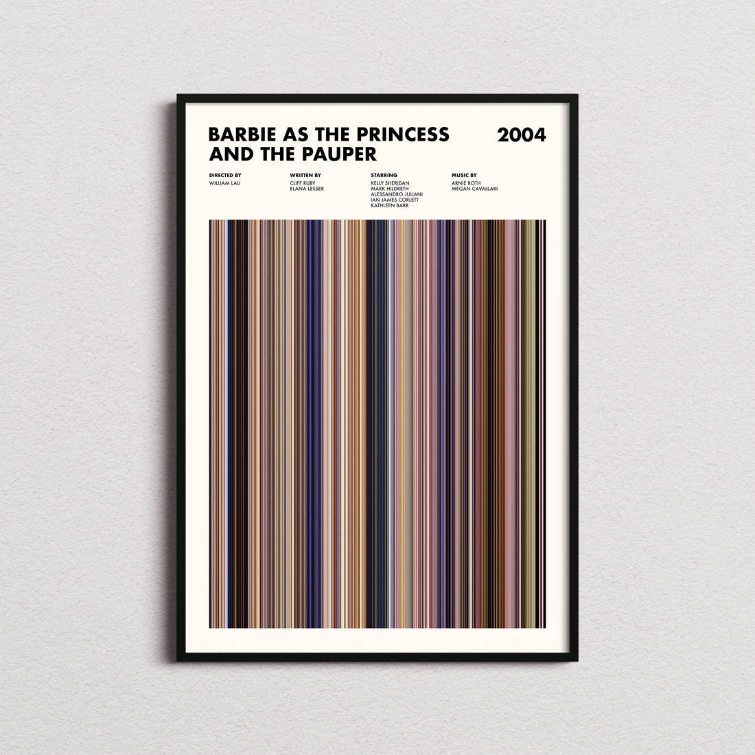 Barbie as the Princess and the Pauper Movie Barcode Poster framed on a plain studio wall