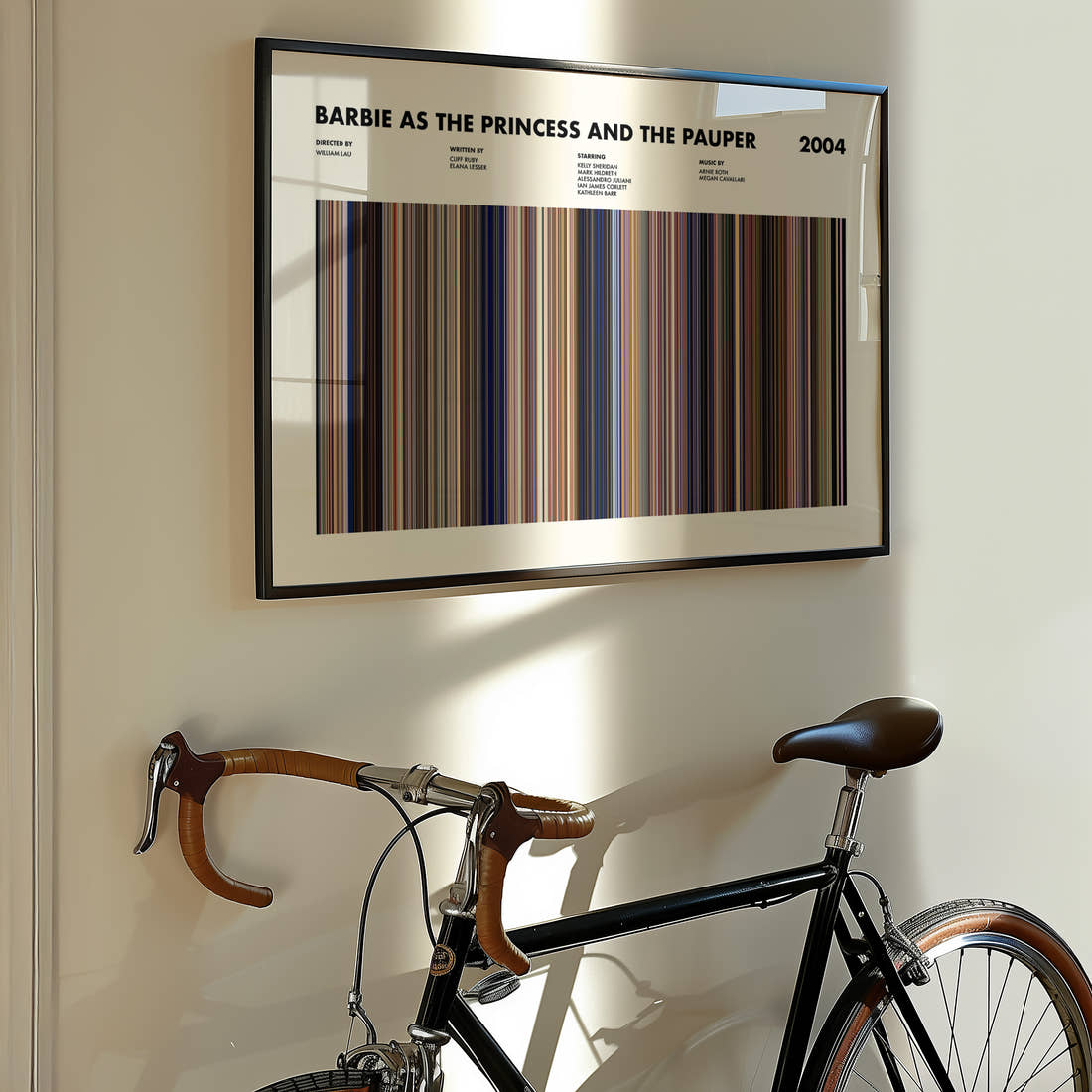 Barbie as the Princess and the Pauper Movie Barcode Poster framed on the wall of a styled room setting