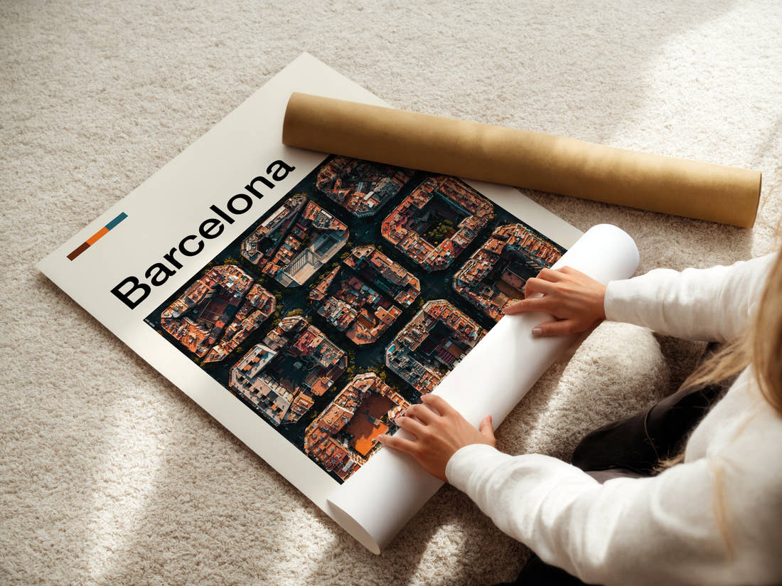 Barcelona Eixample Grid From Above Travel Print being unrolled from its postal tube