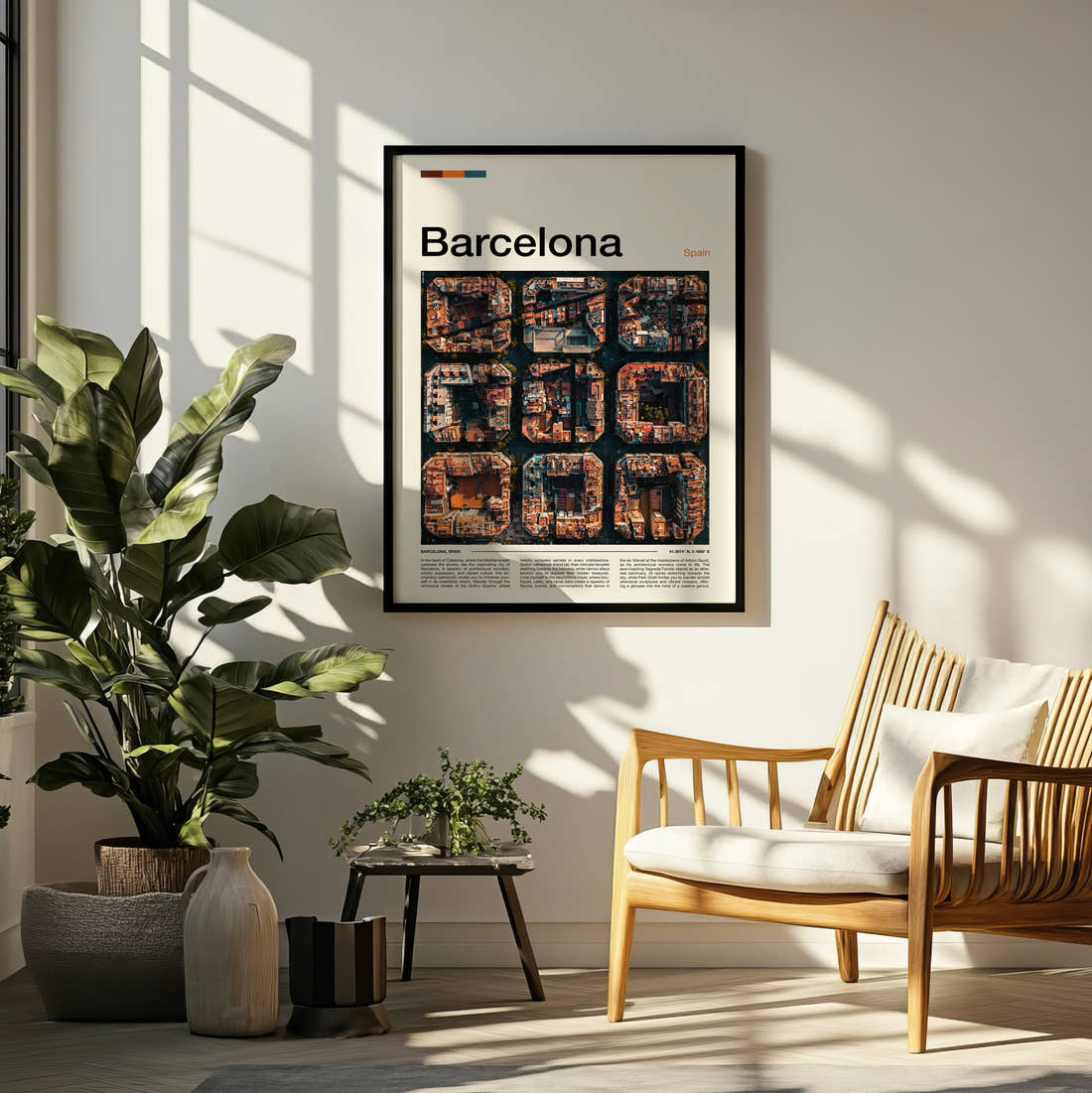 Barcelona Eixample Grid From Above Travel Print framed on a pale wall beside houseplants