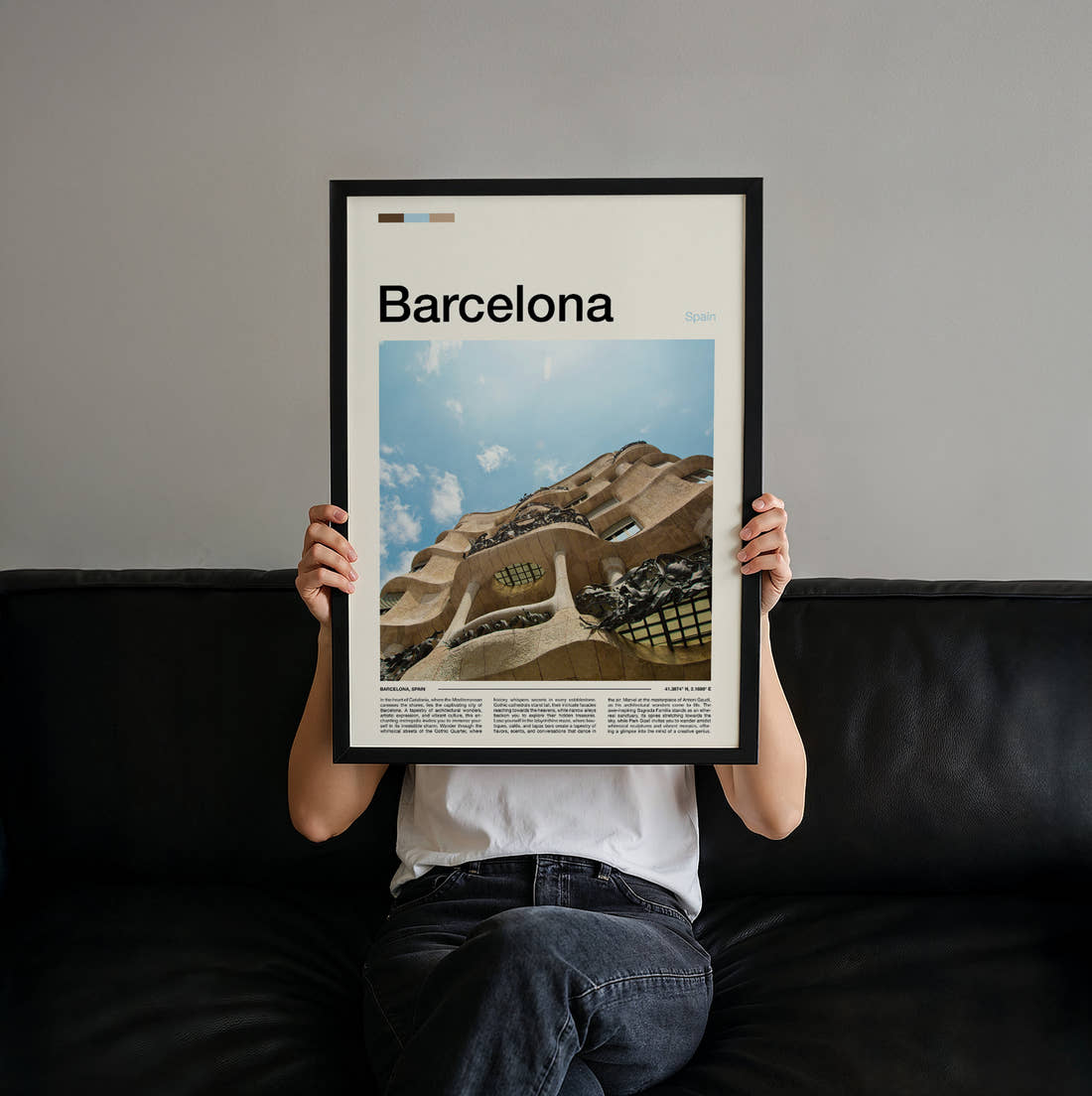 Barcelona Casa Mila Travel Print held up by hand to show the size of the print