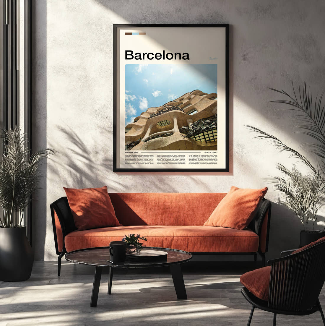 Barcelona Casa Mila Travel Print framed on the wall of a modern living room