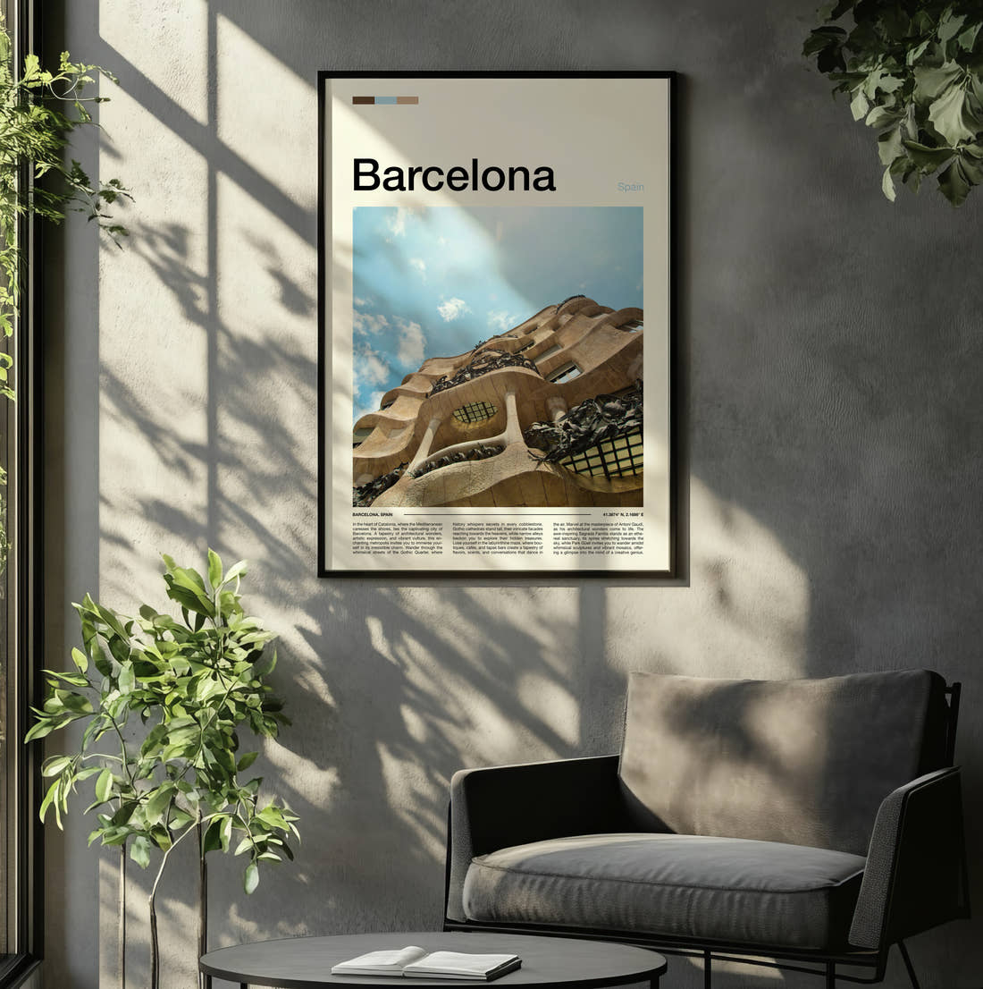 Barcelona Casa Mila Travel Print framed on the wall of a relaxed living room