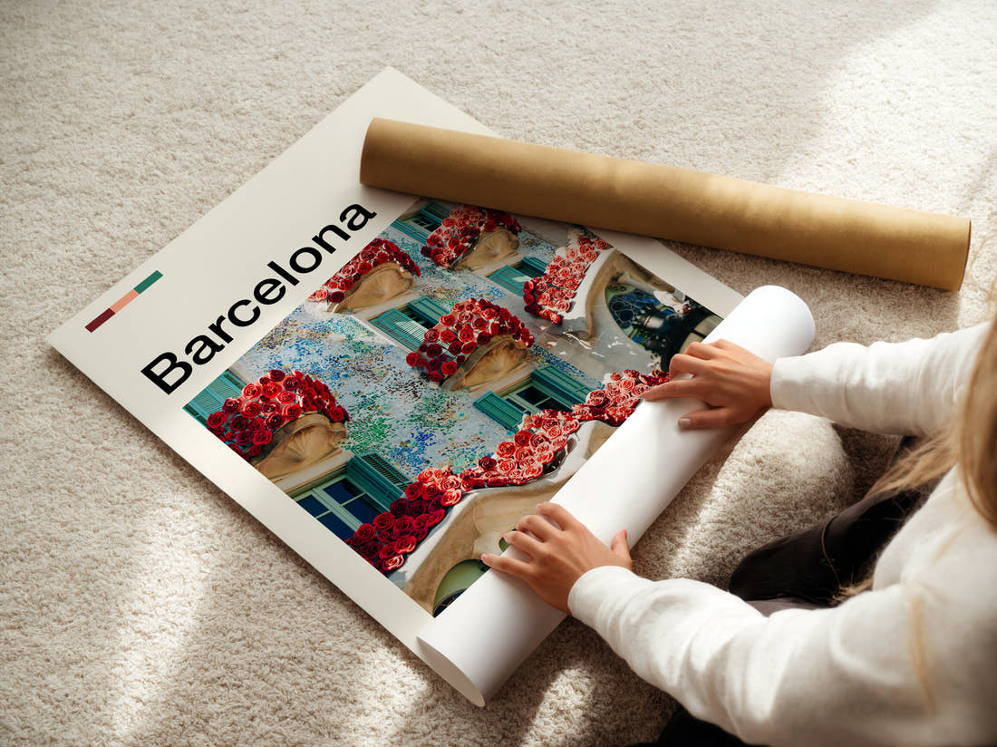 Barcelona Casa Batllo With Roses Travel Print being unrolled from its postal tube