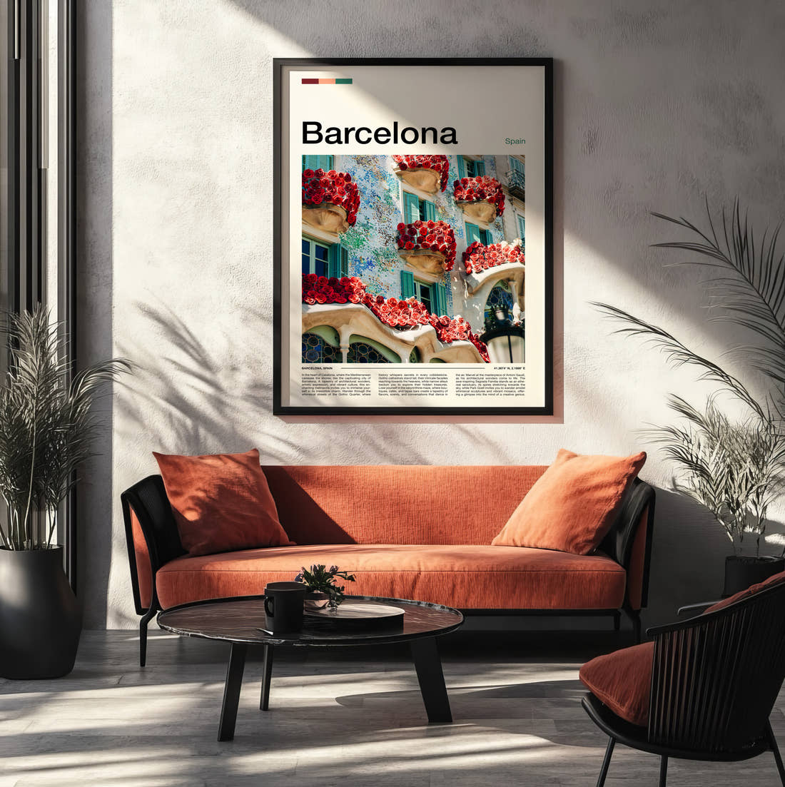 Barcelona Casa Batllo With Roses Travel Print framed on the wall of a modern living room