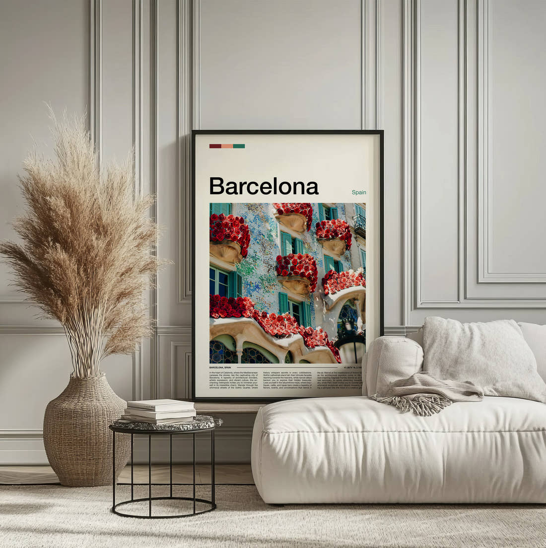 Barcelona Casa Batllo With Roses Travel Print framed on the wall of a calm, neutral bedroom