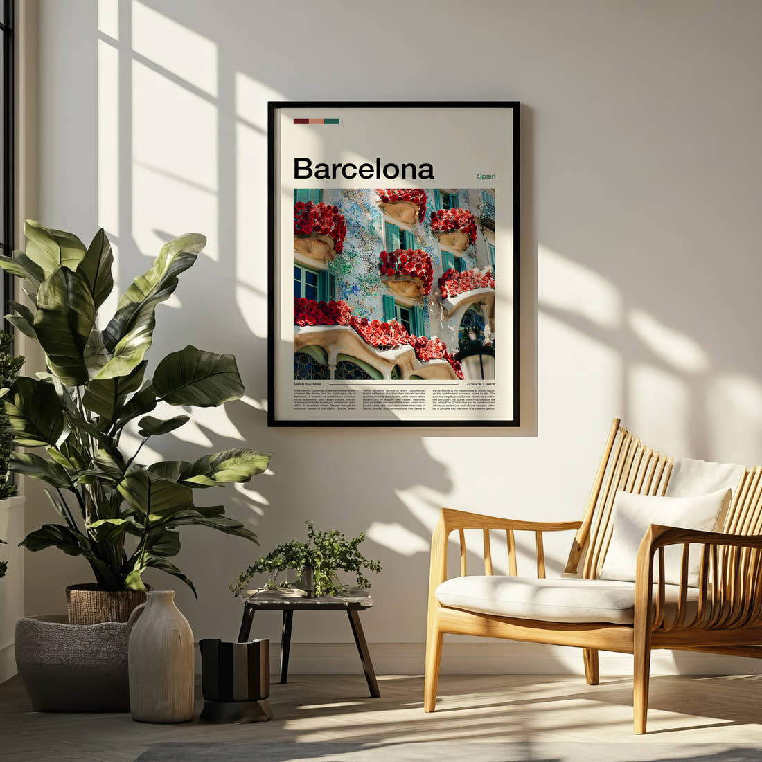 Barcelona Casa Batllo With Roses Travel Print framed on a pale wall beside houseplants