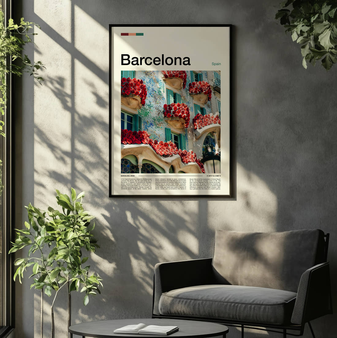 Barcelona Casa Batllo With Roses Travel Print framed on the wall of a relaxed living room