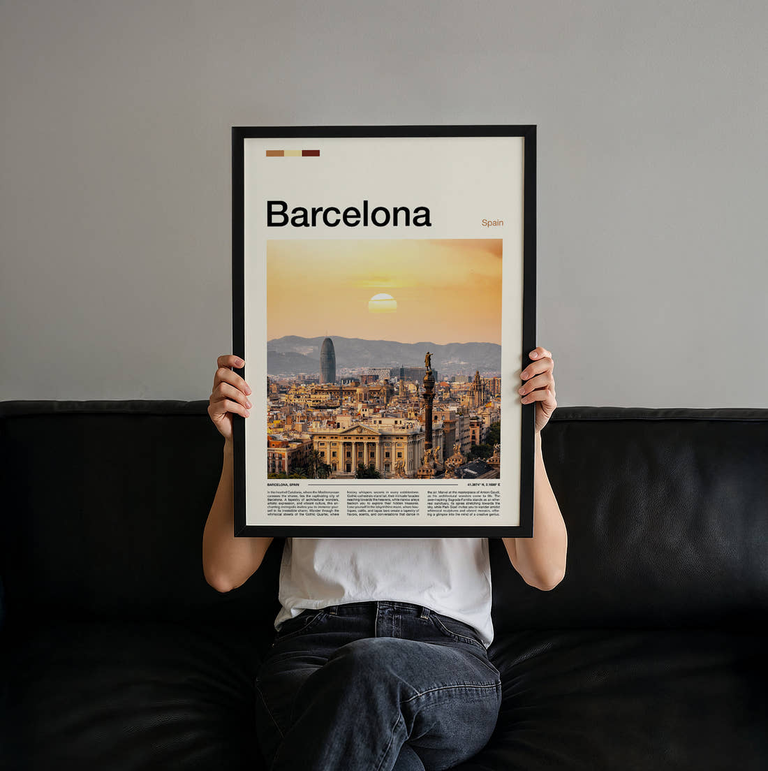 Barcelona Sunset Over The City Travel Print held up by hand to show the size of the print