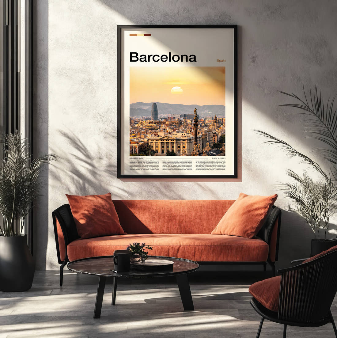 Barcelona Sunset Over The City Travel Print framed on the wall of a modern living room