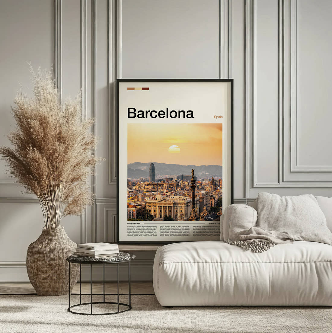 Barcelona Sunset Over The City Travel Print framed on the wall of a calm, neutral bedroom