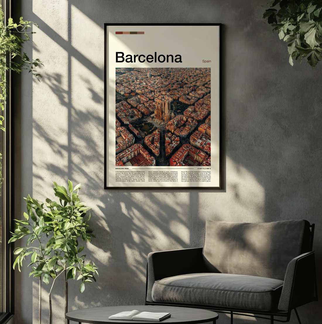 Barcelona Octagonal City Blocks Travel Print framed on the wall of a relaxed living room