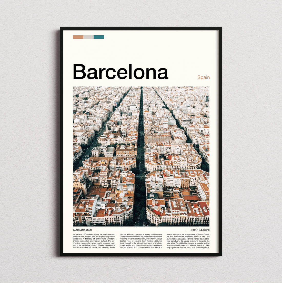 Barcelona Eixample Aerial View Travel Print framed and photographed straight on