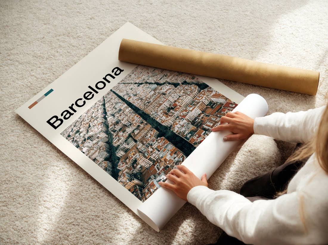 Barcelona Eixample Aerial View Travel Print being unrolled from its postal tube