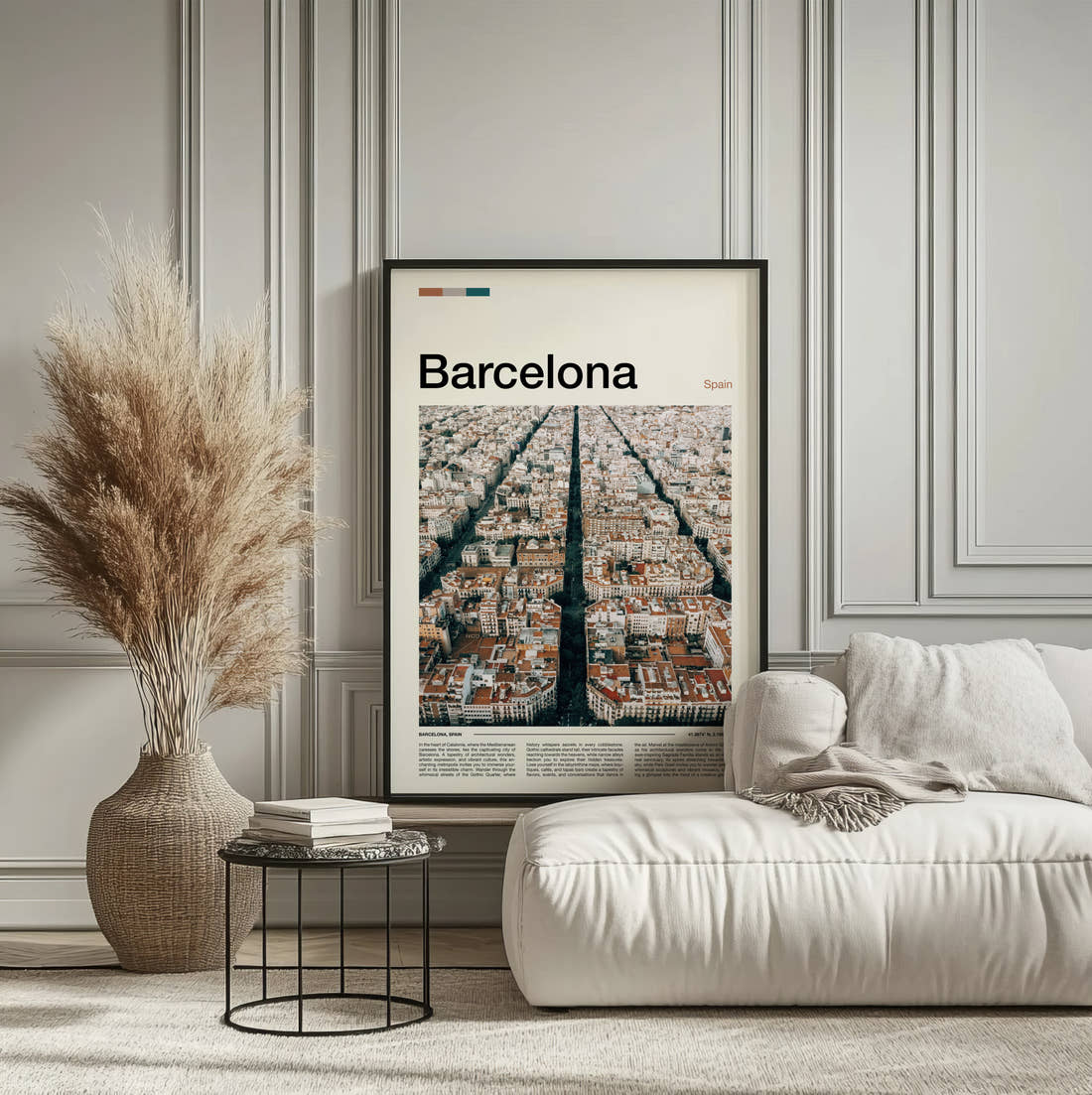 Barcelona Eixample Aerial View Travel Print framed on the wall of a calm, neutral bedroom