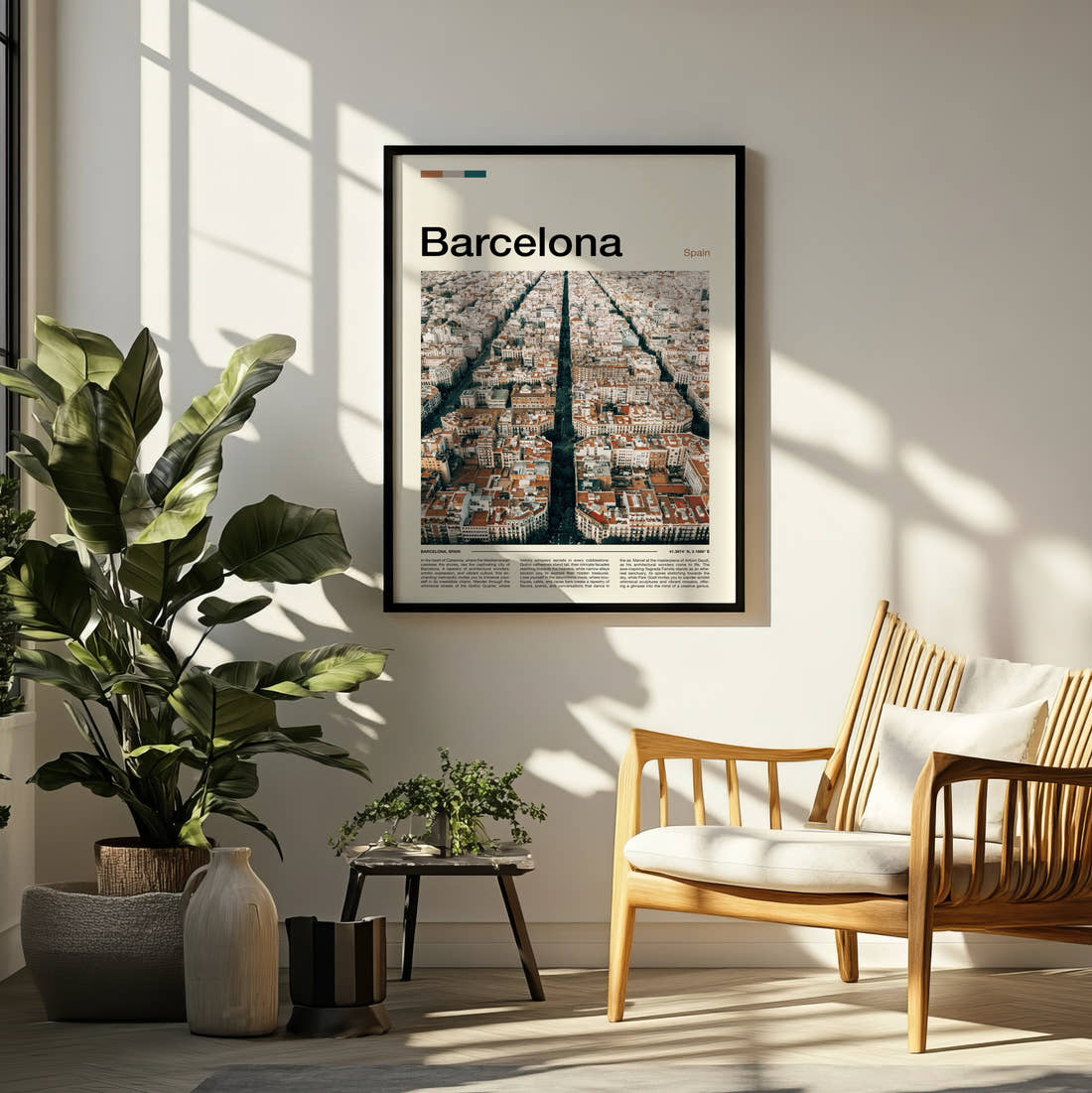 Barcelona Eixample Aerial View Travel Print framed on a pale wall beside houseplants
