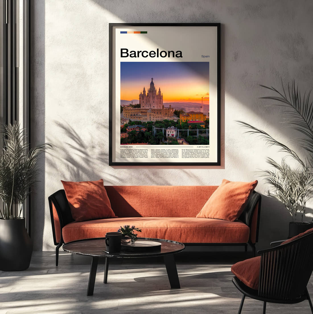 Barcelona Tibidabo Church Travel Print framed on the wall of a modern living room