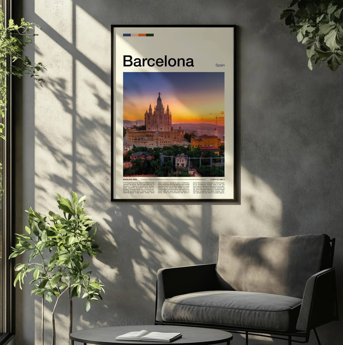 Barcelona Tibidabo Church Travel Print framed on the wall of a relaxed living room