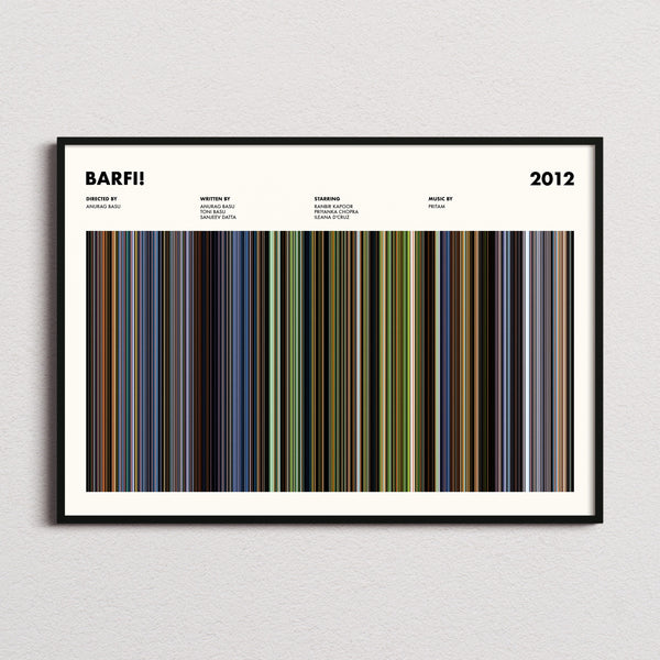 Barfi! Movie Barcode Poster framed and photographed straight on
