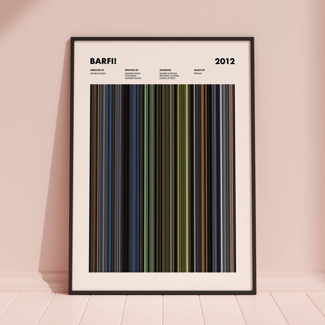 Barfi! Movie Barcode Poster framed and leaning against a coloured wall