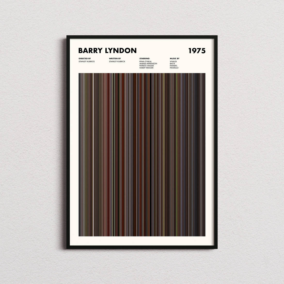 Barry Lyndon Movie Barcode Poster framed on a plain studio wall