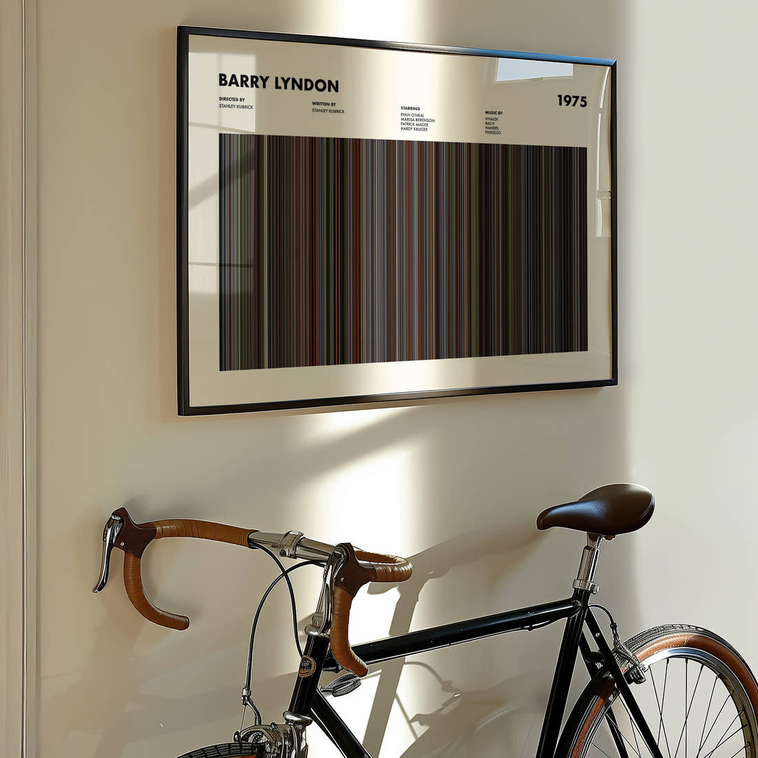 Barry Lyndon Movie Barcode Poster framed on the wall of a styled room setting