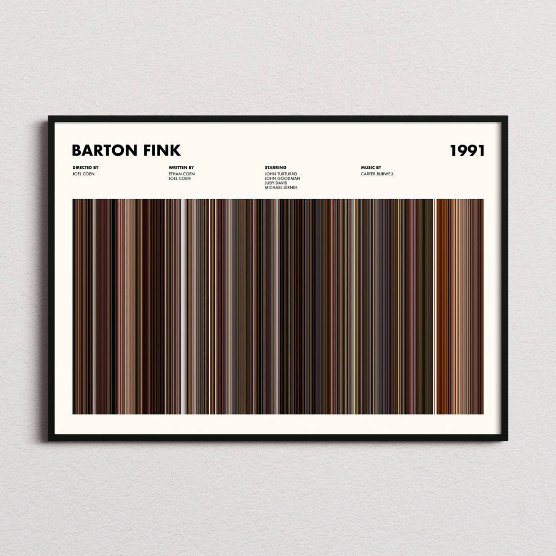 Barton Fink Movie Barcode Poster framed and photographed straight on