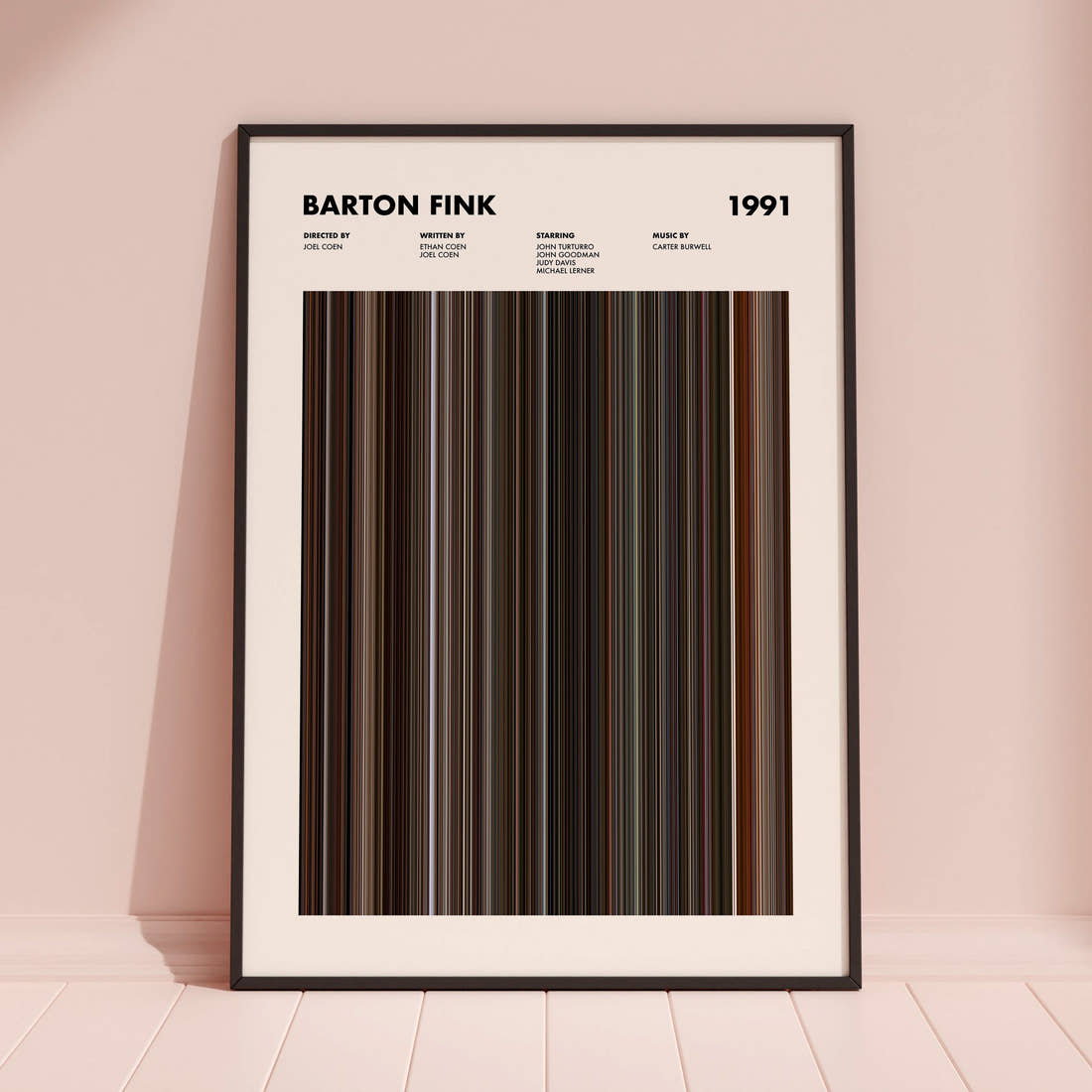 Barton Fink Movie Barcode Poster framed and leaning against a coloured wall