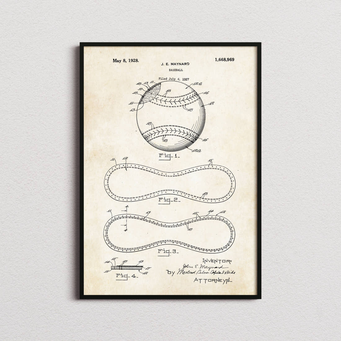 Baseball Patent Print in the aged paper colourway, framed