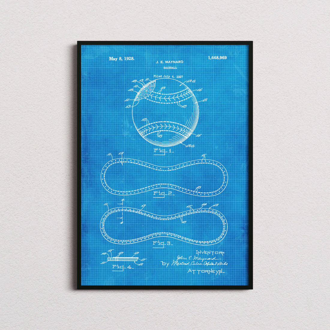 Baseball Patent Print in the blueprint colourway, framed