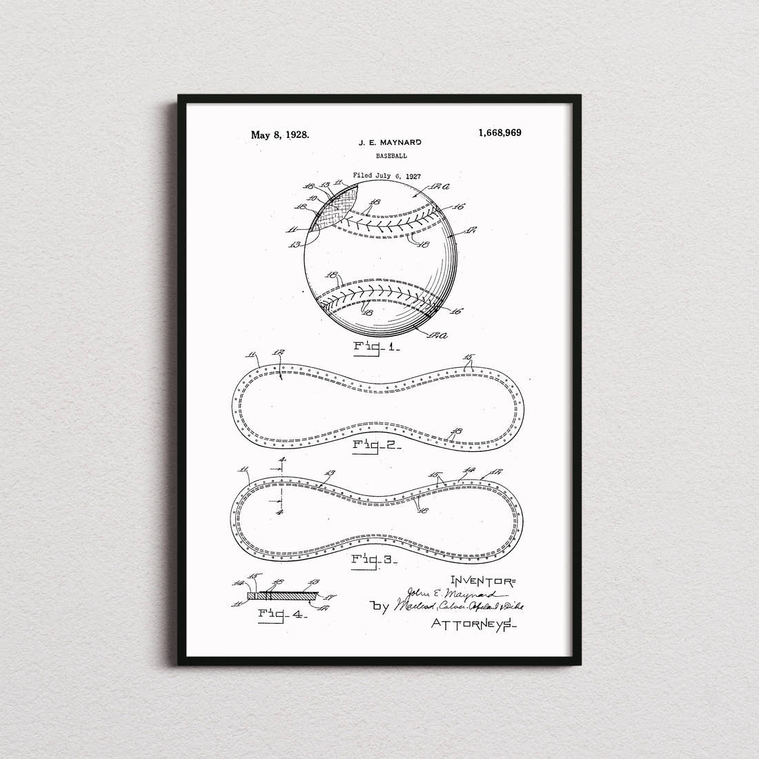 Baseball Patent Print in the white colourway, framed