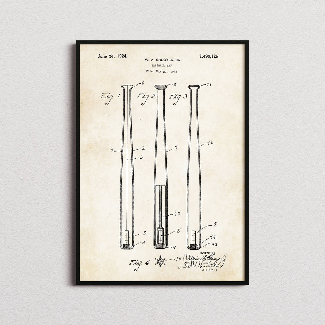 Baseball Bat Patent Print in the aged paper colourway, framed