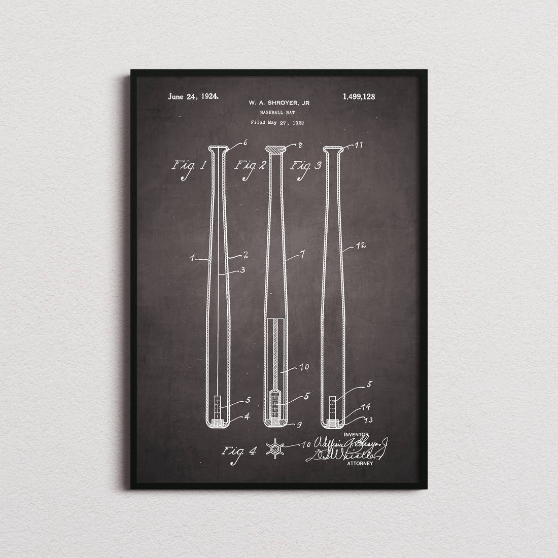 Baseball Bat Patent Print in the blackboard colourway, framed