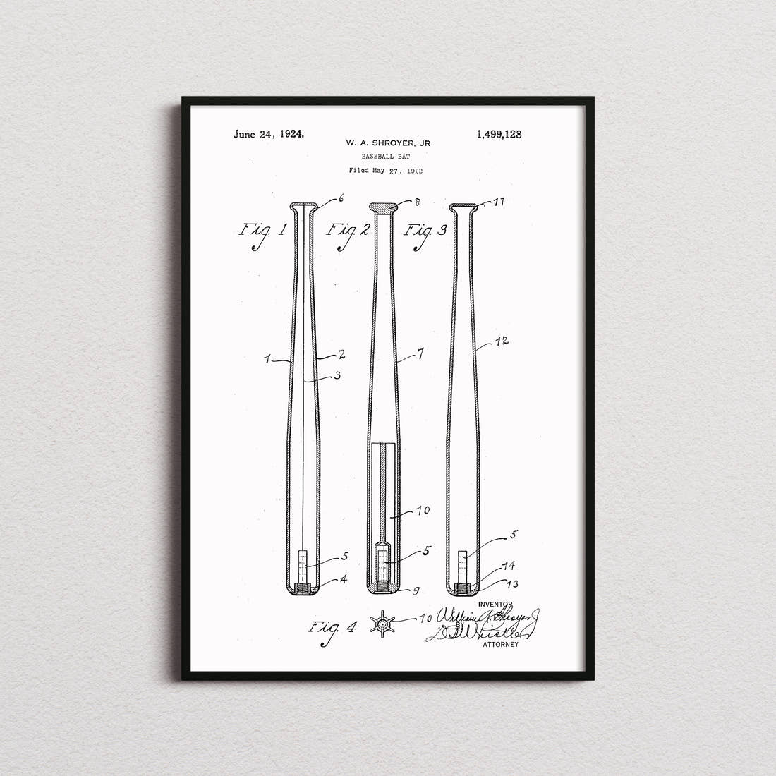 Baseball Bat Patent Print in the white colourway, framed