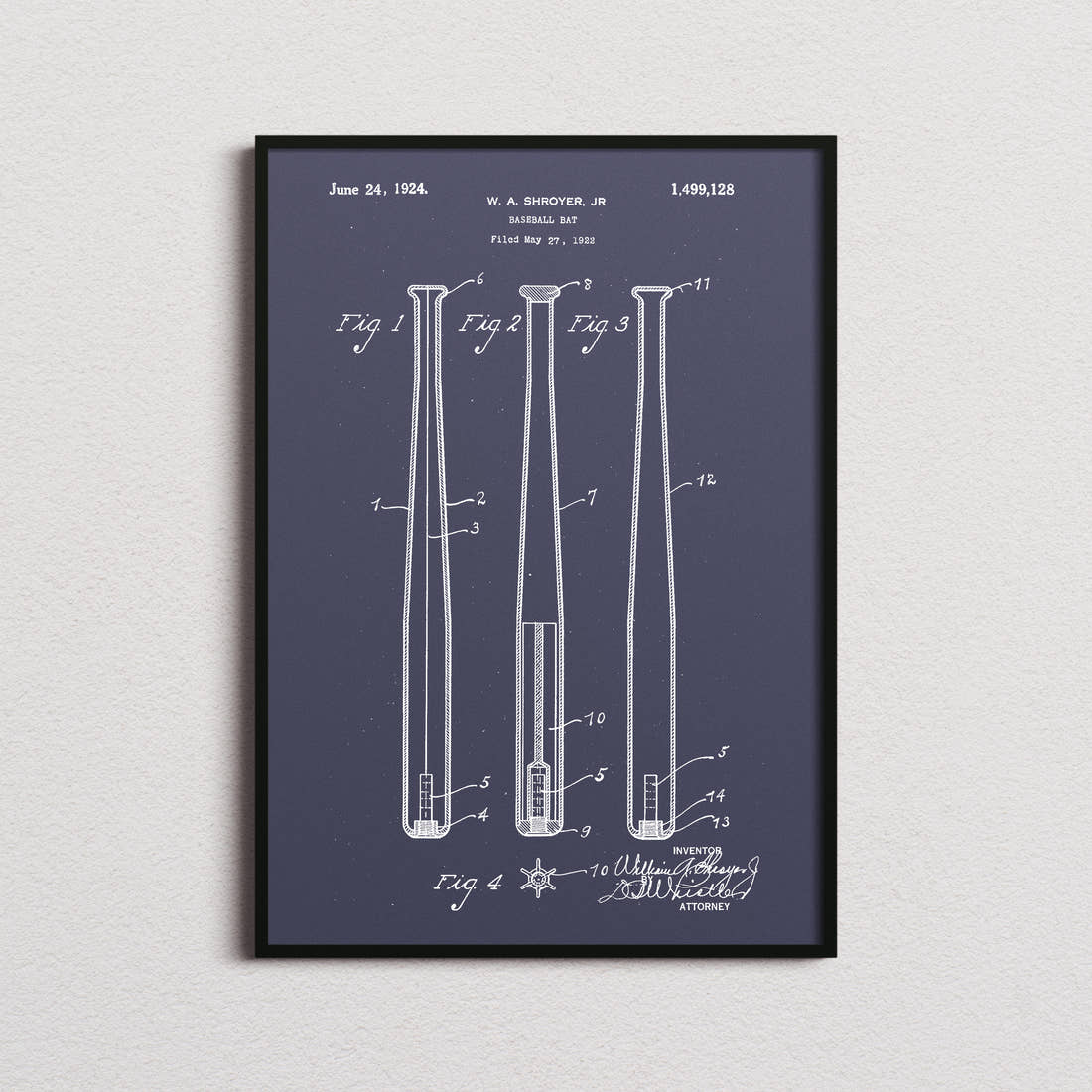 Baseball Bat Patent Print in the navy colourway, framed