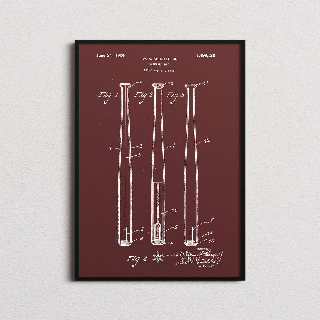 Baseball Bat Patent Print in the burgundy colourway, framed