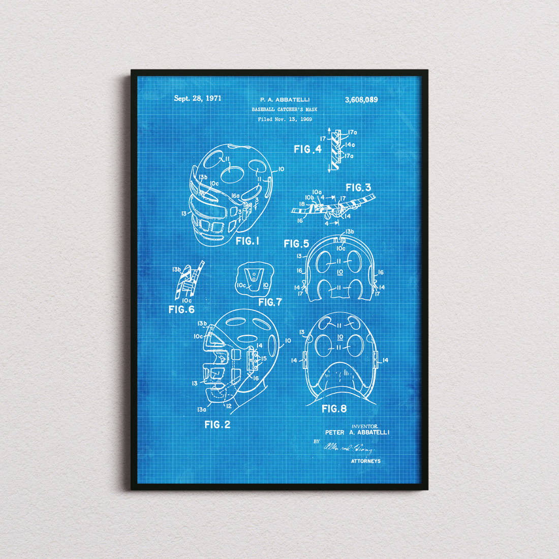 Baseball Catchers Mask Patent Print in the blueprint colourway, framed