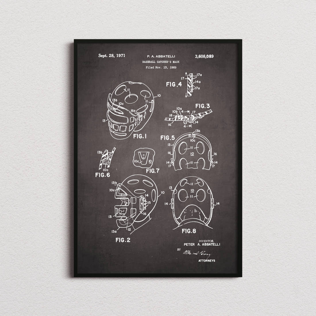 Baseball Catchers Mask Patent Print in the blackboard colourway, framed