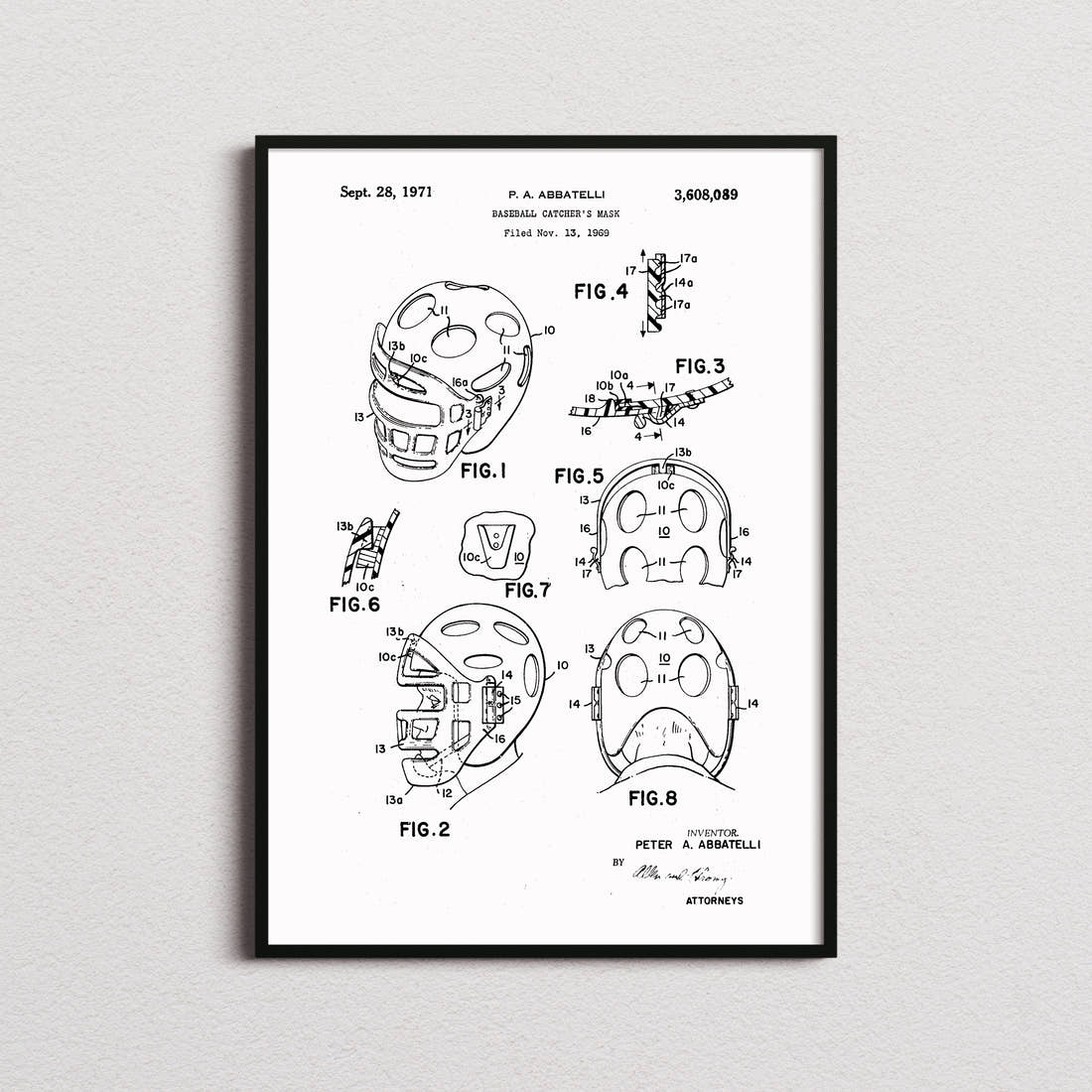 Baseball Catchers Mask Patent Print in the white colourway, framed