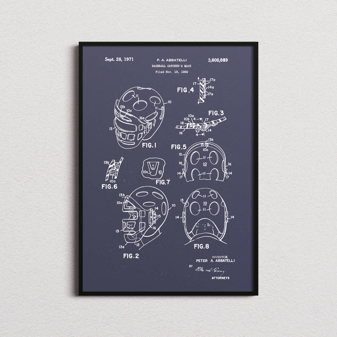 Baseball Catchers Mask Patent Print in the navy colourway, framed