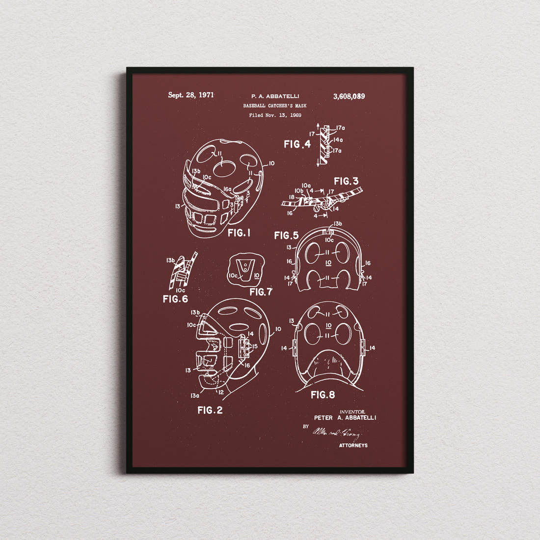 Baseball Catchers Mask Patent Print in the burgundy colourway, framed