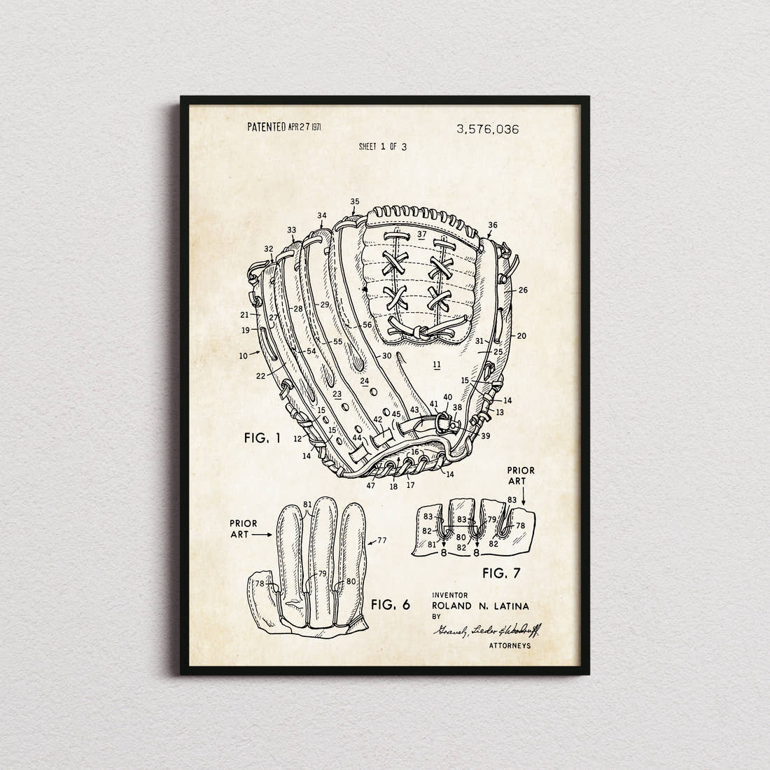 Baseball Glove Patent Print in the aged paper colourway, framed