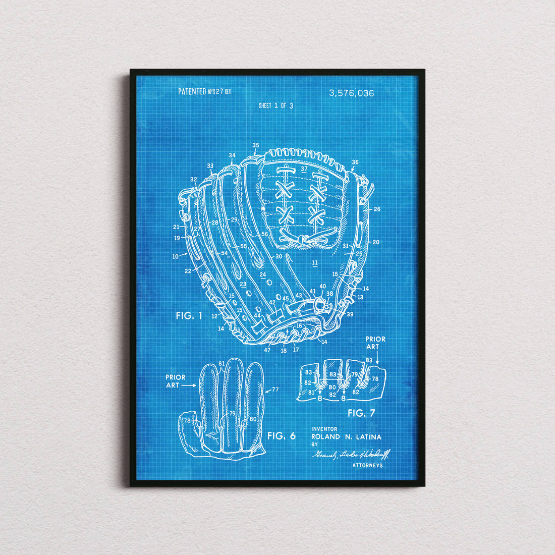 Baseball Glove Patent Print in the blueprint colourway, framed