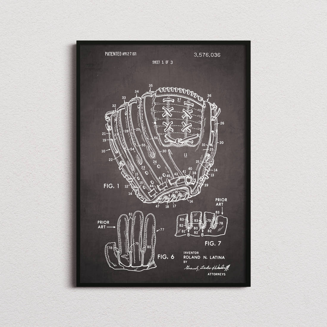 Baseball Glove Patent Print in the blackboard colourway, framed