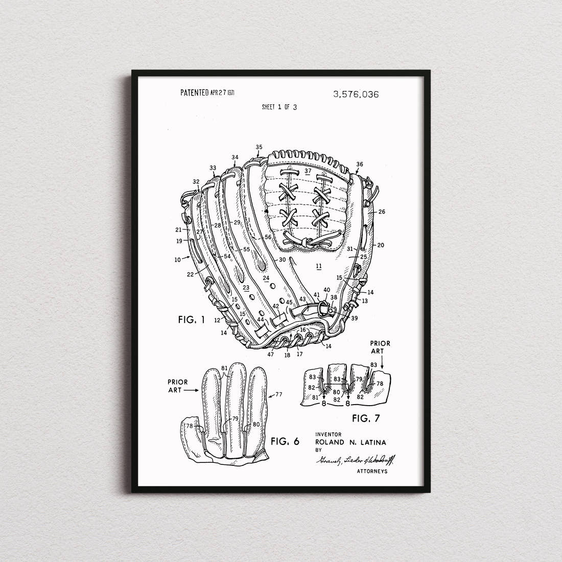 Baseball Glove Patent Print in the white colourway, framed
