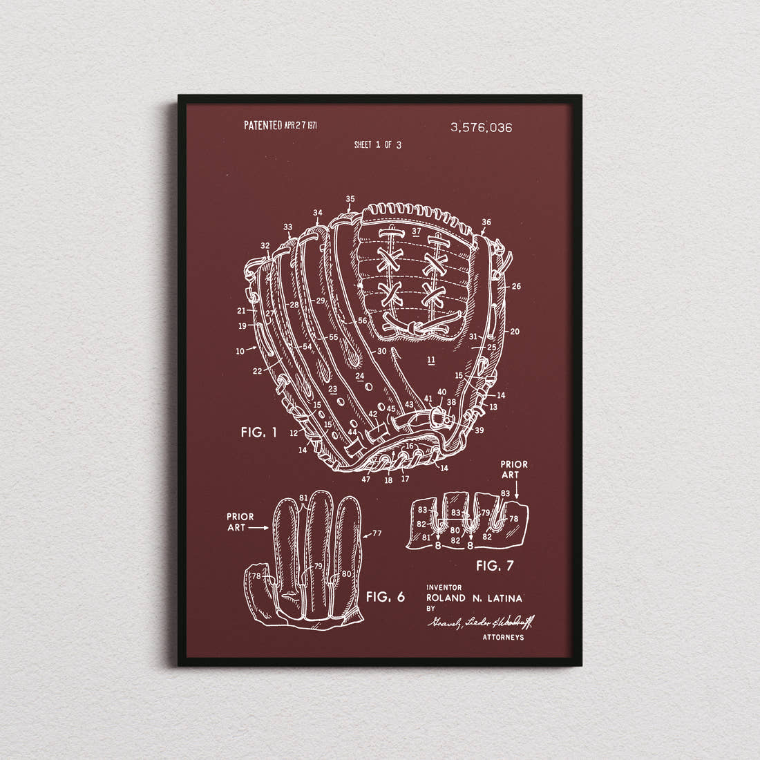Baseball Glove Patent Print in the burgundy colourway, framed