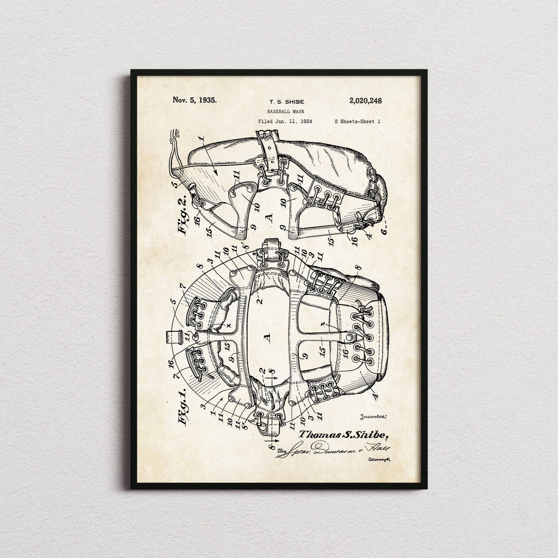 Baseball Mask Patent Print in the aged paper colourway, framed