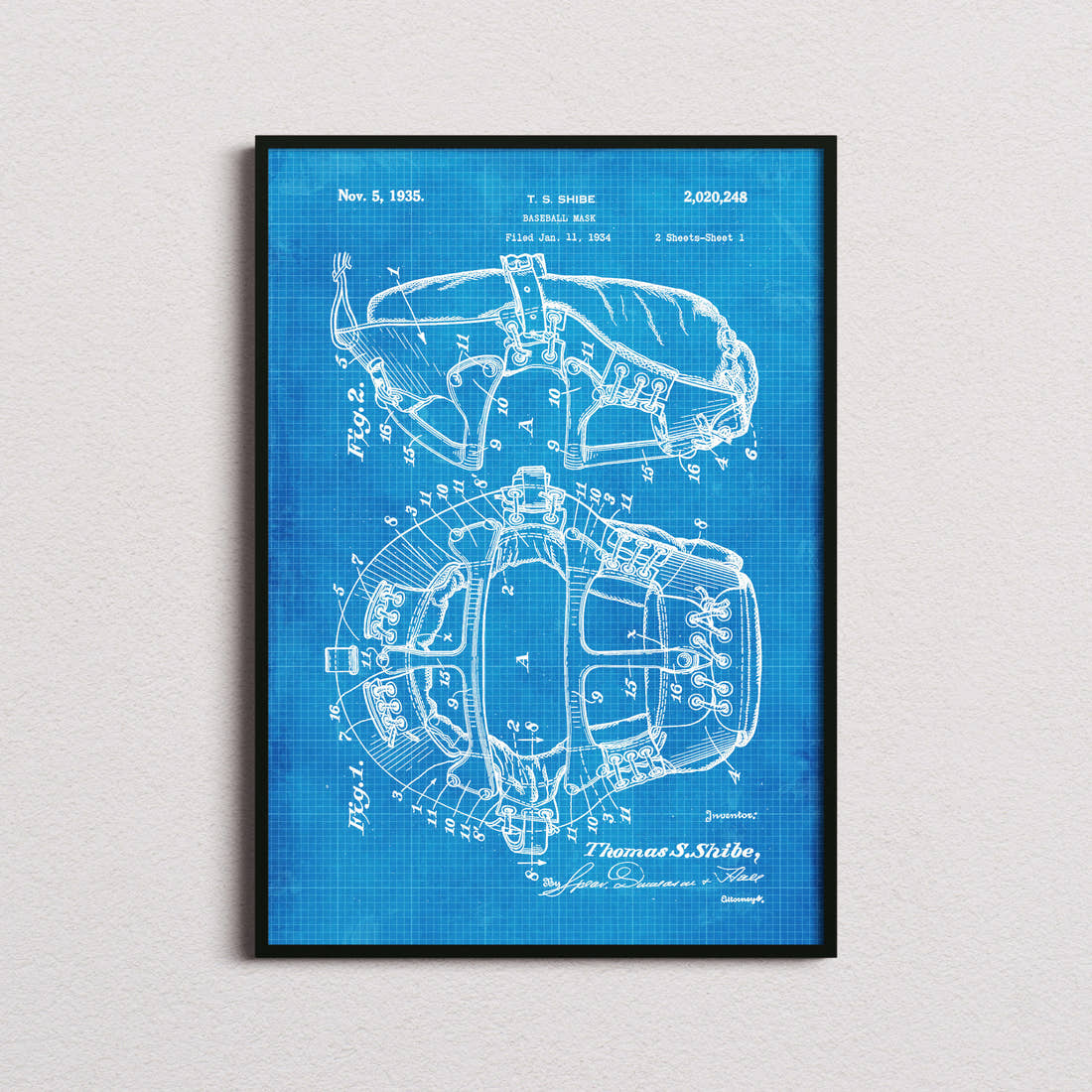 Baseball Mask Patent Print in the blueprint colourway, framed
