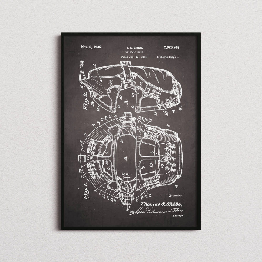 Baseball Mask Patent Print in the blackboard colourway, framed