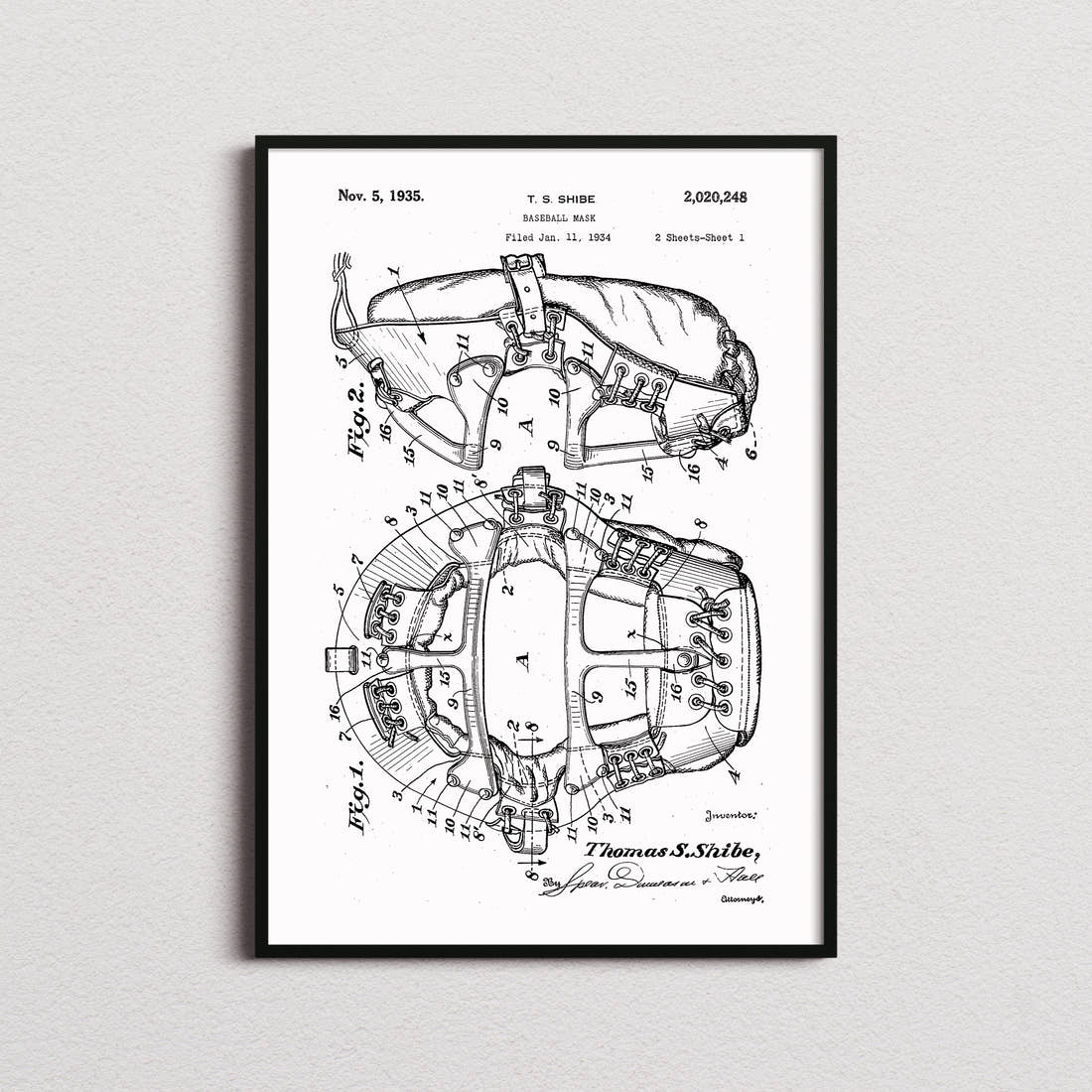 Baseball Mask Patent Print in the white colourway, framed